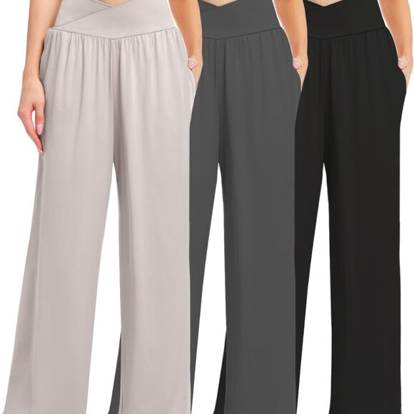 Pants - 3 Pack Women's High Waist Wide Leg Pants with Pockets - Comfort Meets Style